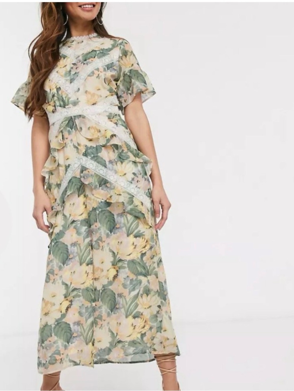 Floral Lace-Trim Maxi Dress in Pale Yellow and Green